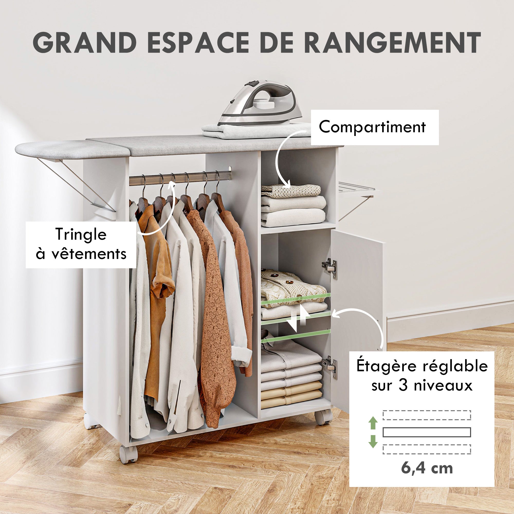 Ironing cabinet on wheels, folding ironing board, adjustable shelf, hanging rod, 127x42.5x99cm, white