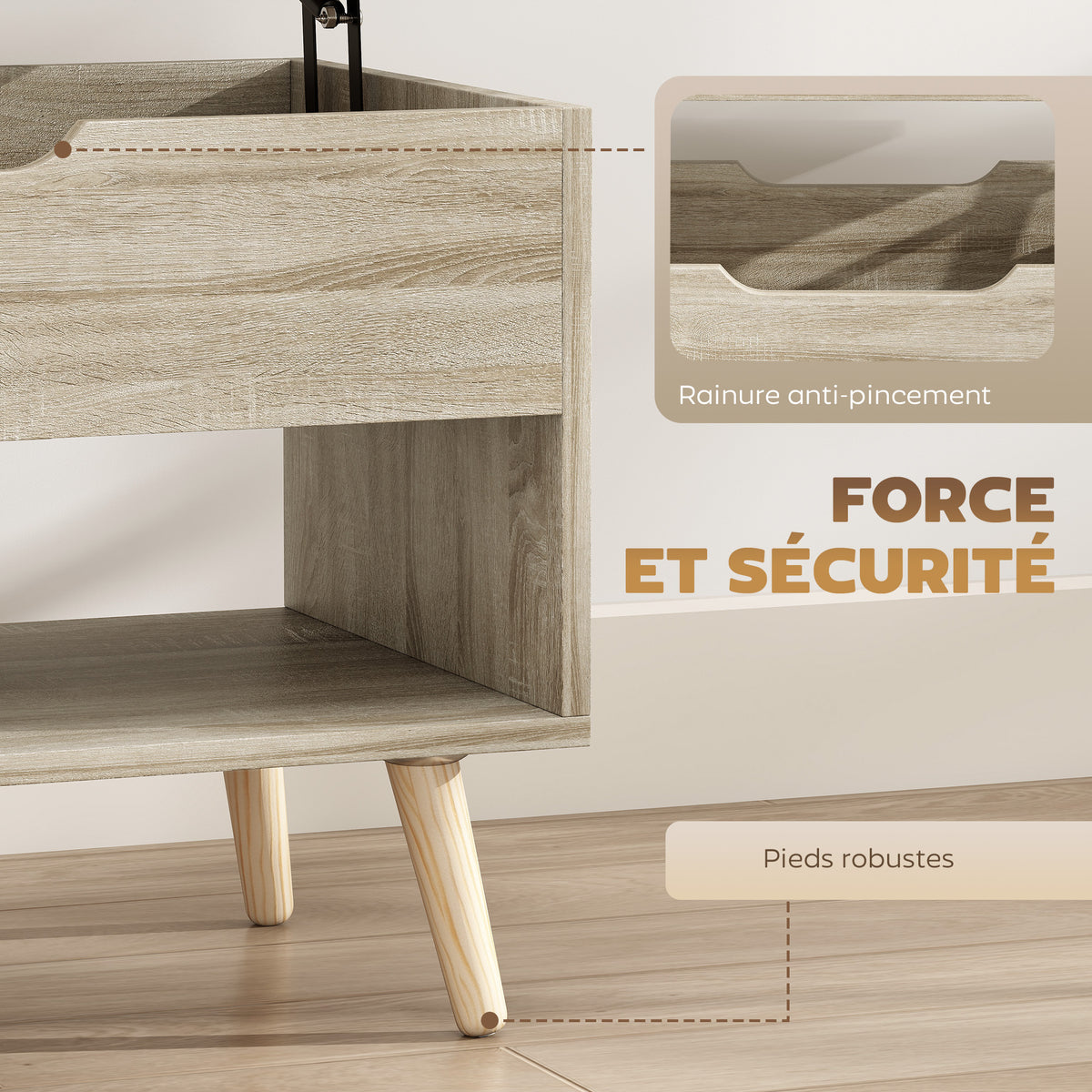 Mesa de centro elevable, mesa de salón con compartimento oculto y estantes abiertos, 75 x 40 x 58 cm, madera natural