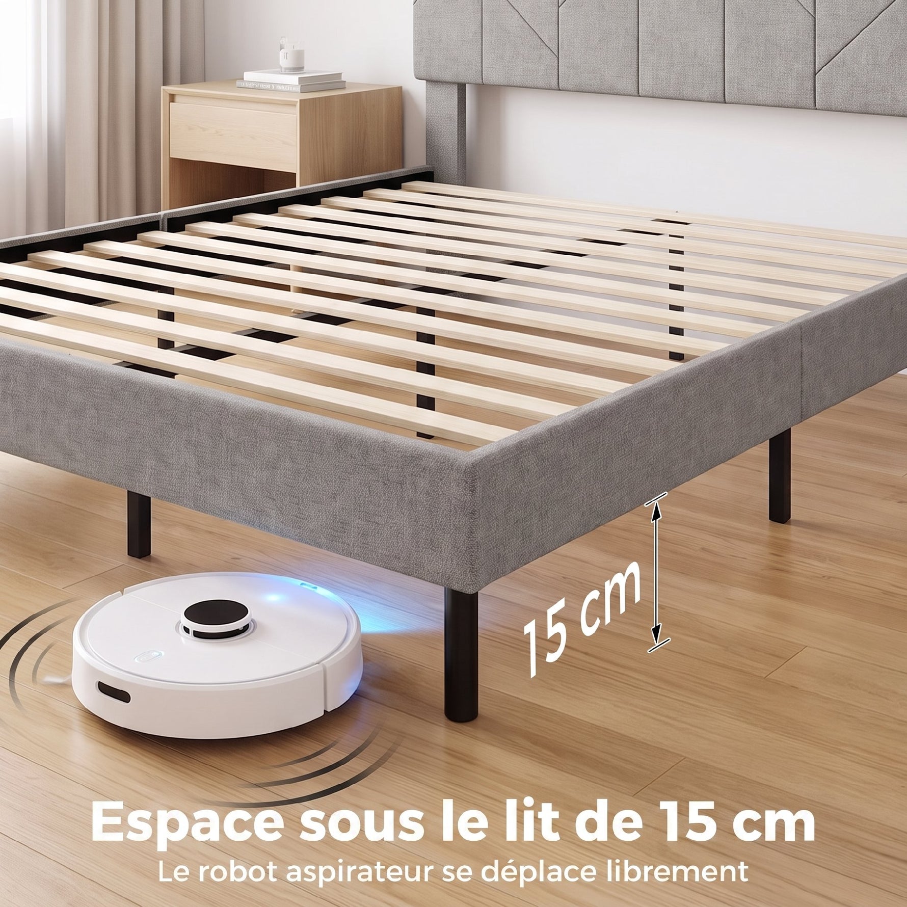 Cadre de Lit 140 x 190 cm avec Sommier et Tête Réglable, Lit Double Rembourré en Lin, Rangement au-dessous, Gris