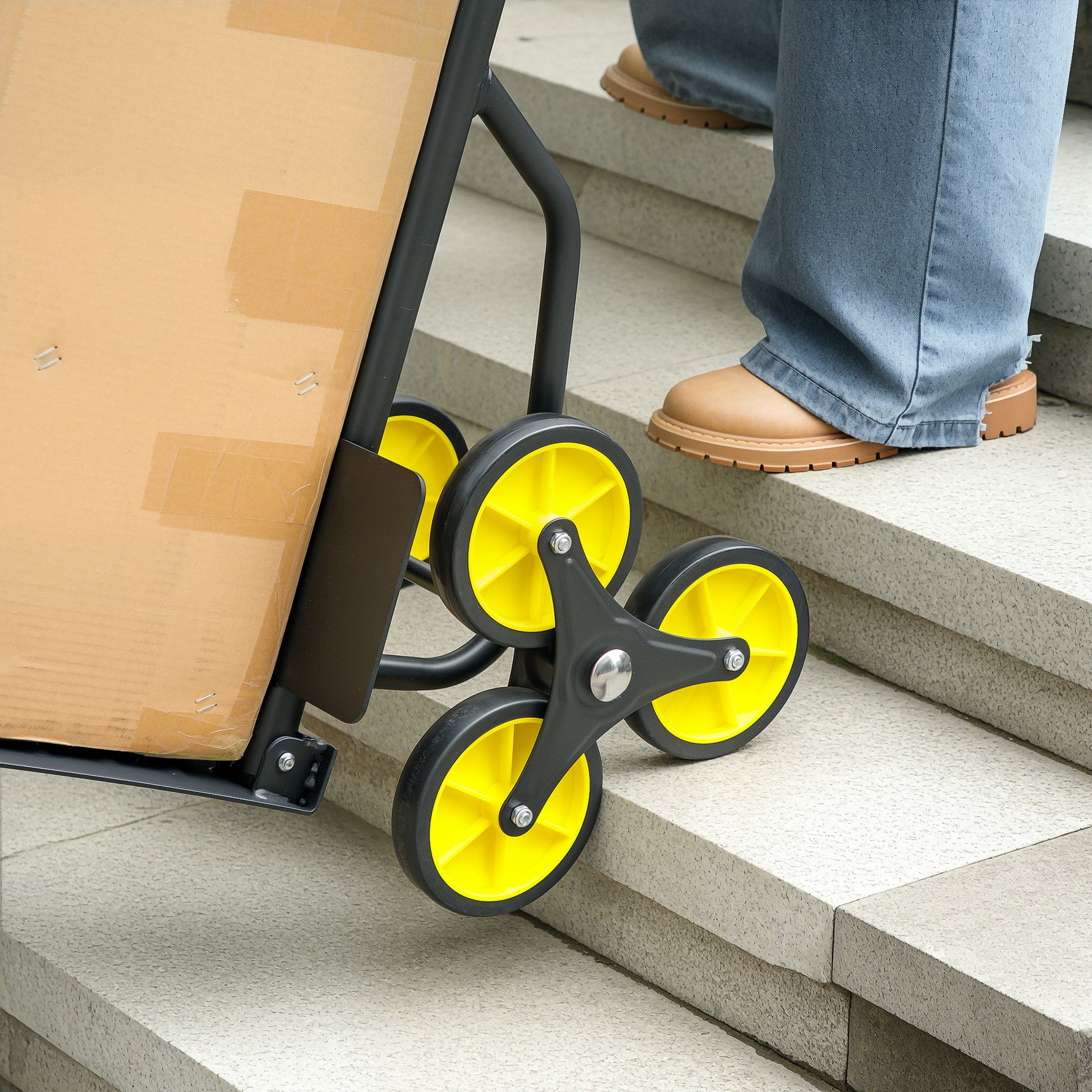 Diable d'escalier pliable 120 kg 6 roues, diable demenagement en acier avec cordes télescopiques, 44x67x106,5cm, jaune