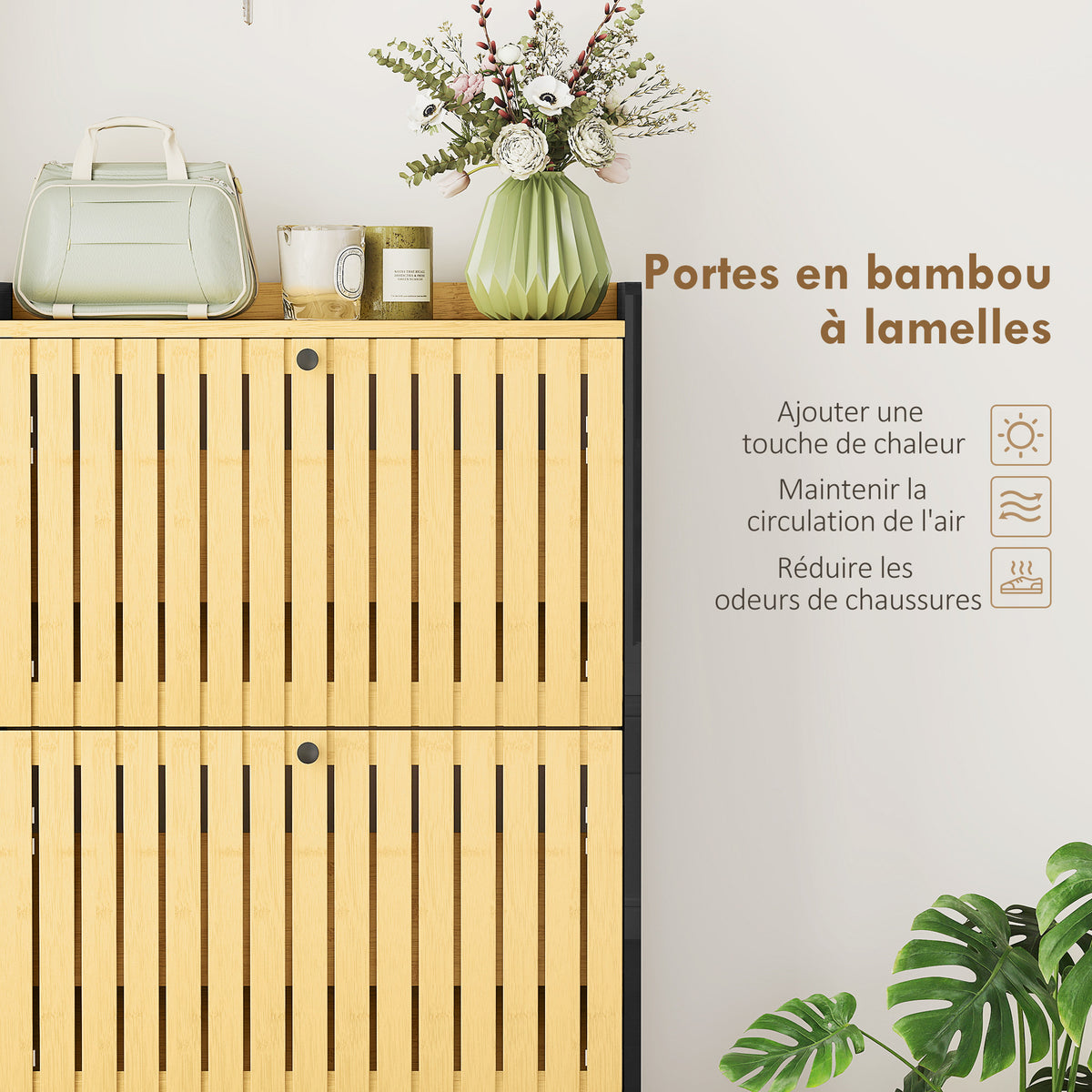 Meuble à chaussures 18 paires avec 3 tiroirs rabattables, portes en bambou à lattes, 60x24x118cm, noir et bois naturel