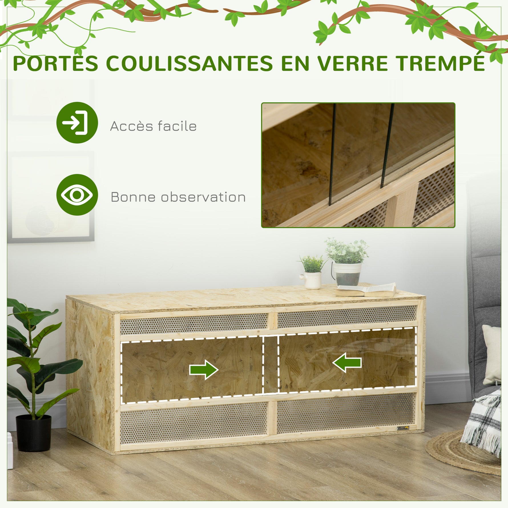 Terrarium en bois OSB pour reptiles avec porte coulissante en verre - 120 x 50 x 50 cm naturel