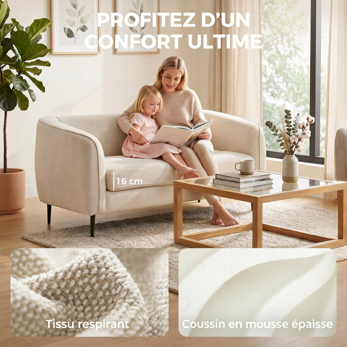 Canapé 2 places en velours, canapé de salon moderne 160 cm, assise large rembourrée, coussin épais à ressorts, beige