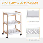 Chariot de service desserte de cuisine à roulettes 2 étagères + plateau amovible bois de pin MDF blanc