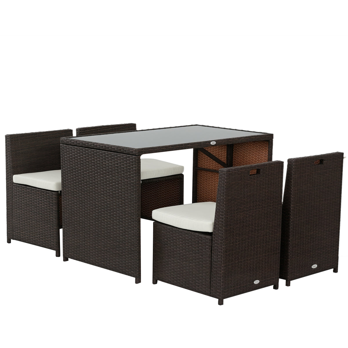 Ensemble salon de jardin encastrable 4 chaises monoblocs avec coussins déhoussables et table résine tressée