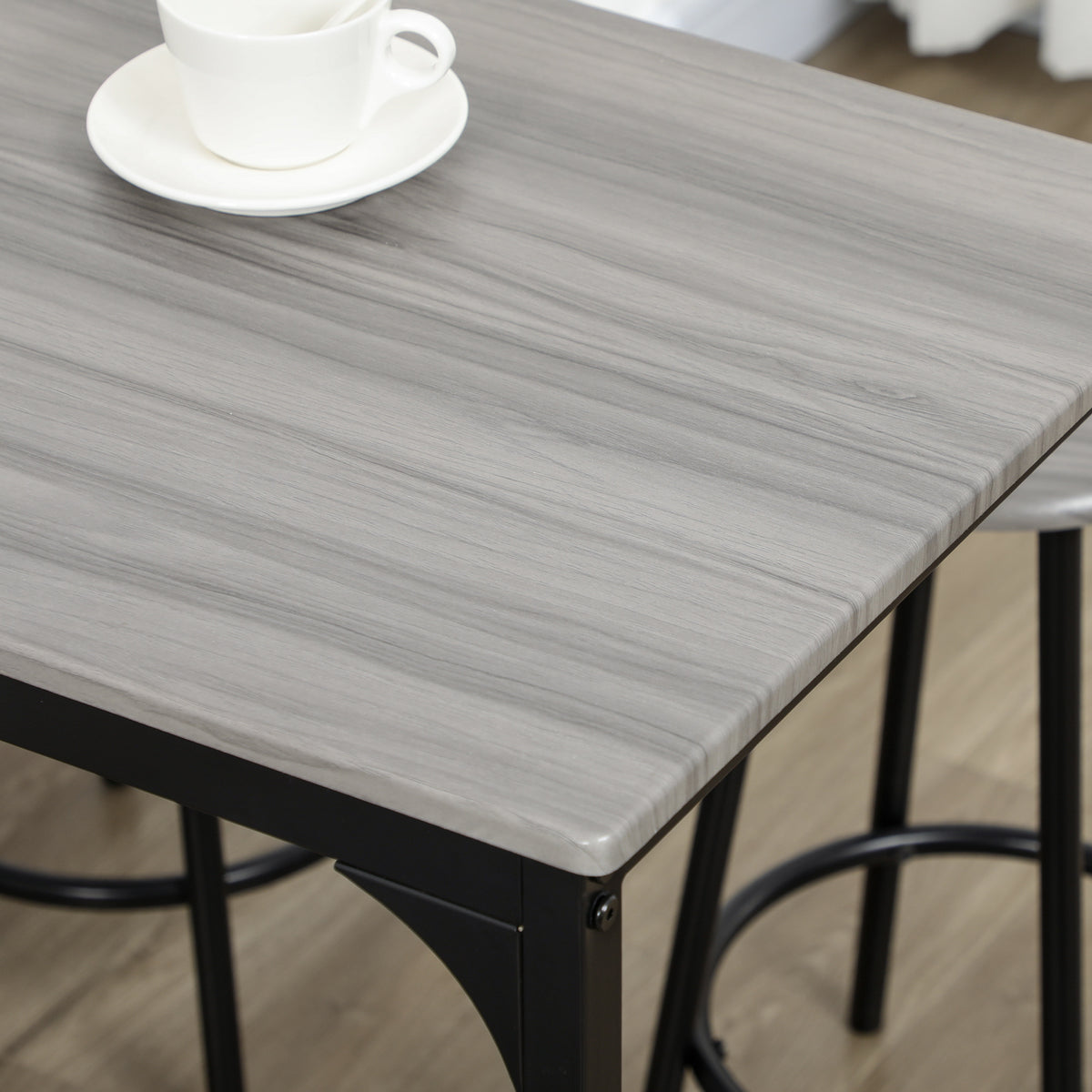 Ensemble table haute et 4 tabourets avec Repose-Pieds, métal noir et aspect bois pour cuisine salle à manger