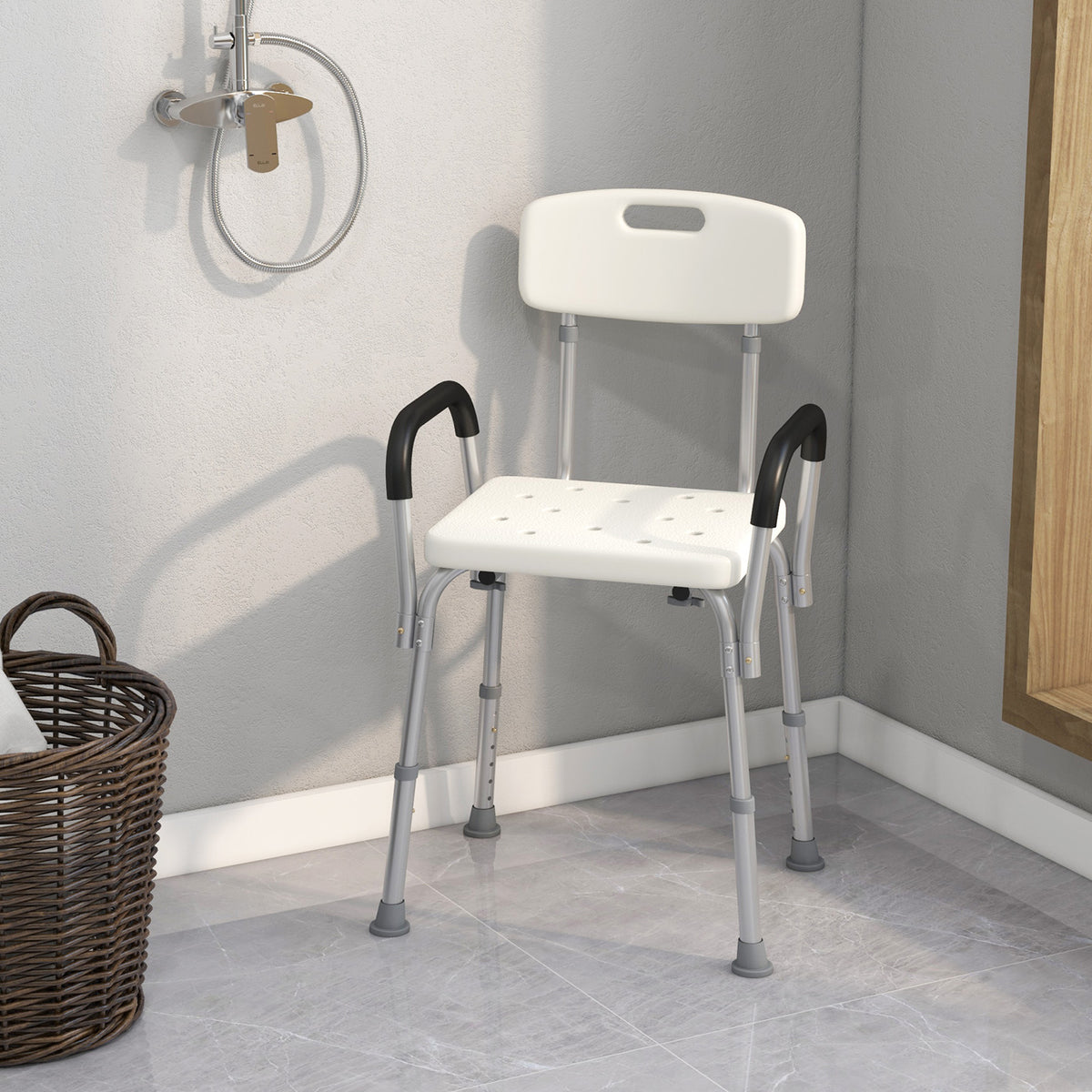 Chaise de Douche siège de Douche Ergonomique Hauteur réglable Pieds antidérapants Dossier accoudoirs Amovibles Charge Max. 136 Kg alu HDPE Blanc