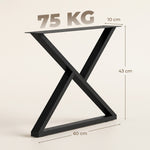 Pieds de table en acier, 60 x 43 cm, lot de 2 pieds de bureau en forme X avec patins réglables et vis, noir