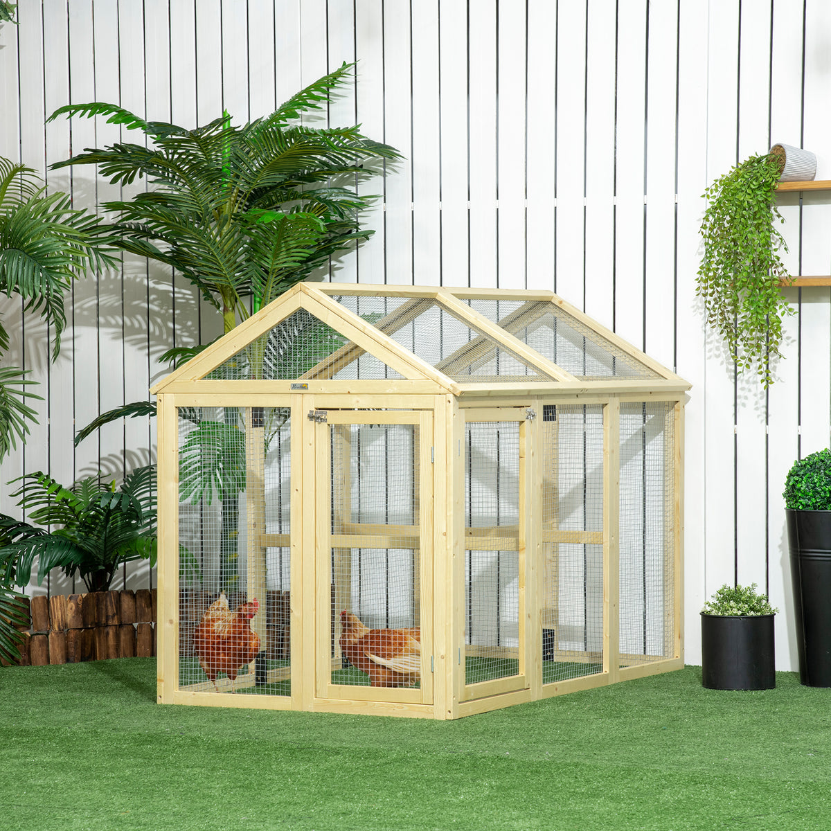 Enclos poulailler en bois cage à poules parc grillagé 140 x 88,5 x 106 cm naturel