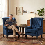 Fauteuil de salon capitonné avec assise large, pieds en bois, style classique, grand confort, 74x86x102cm, bleu foncé