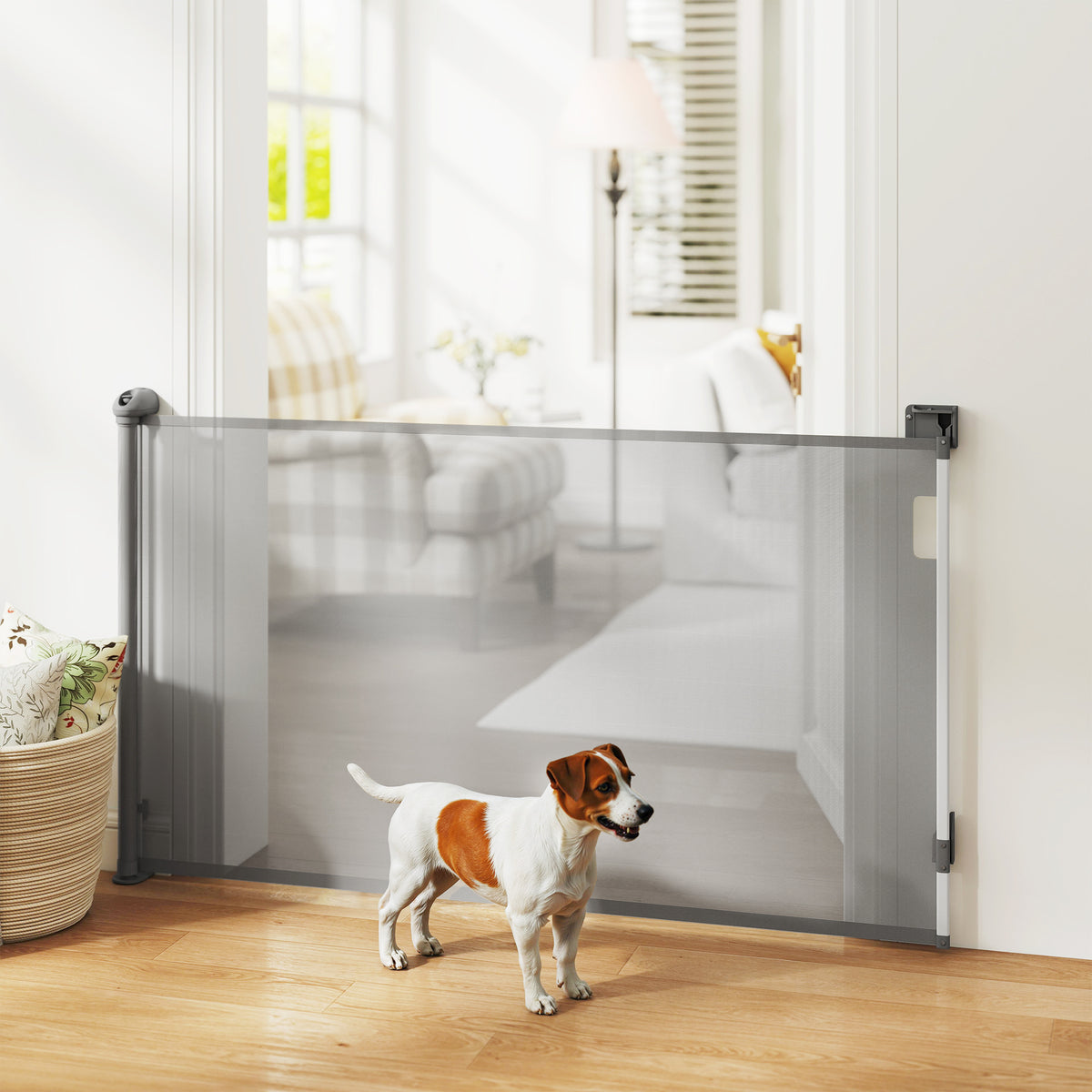Barrière rétractable pour chien largeur 149 cm verrouillage automatique - gris