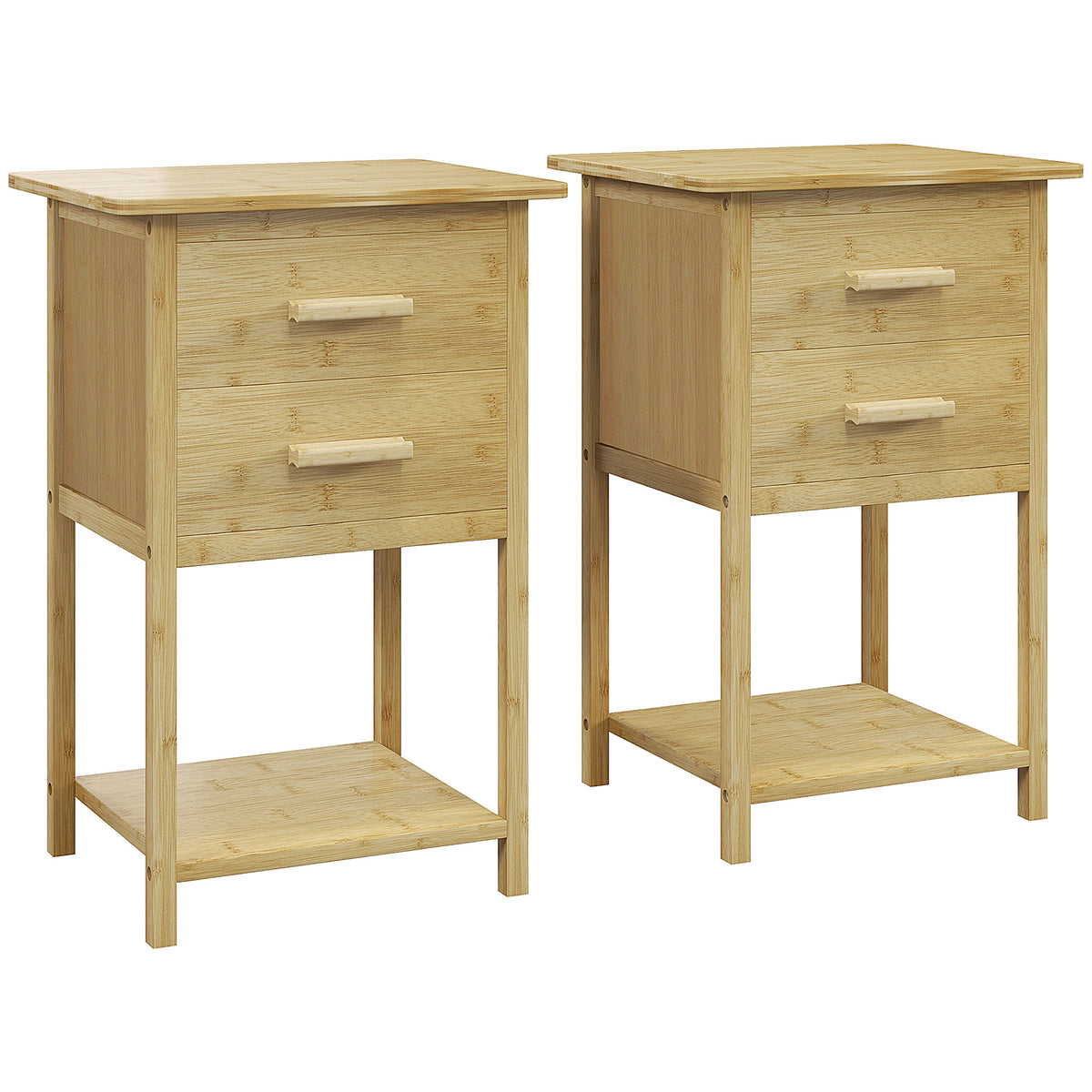 Lot de 2 tables de chevet table de nuit en bambou avec 2 tiroirs et 1 étagère 40 x 34 x 60 cm naturel