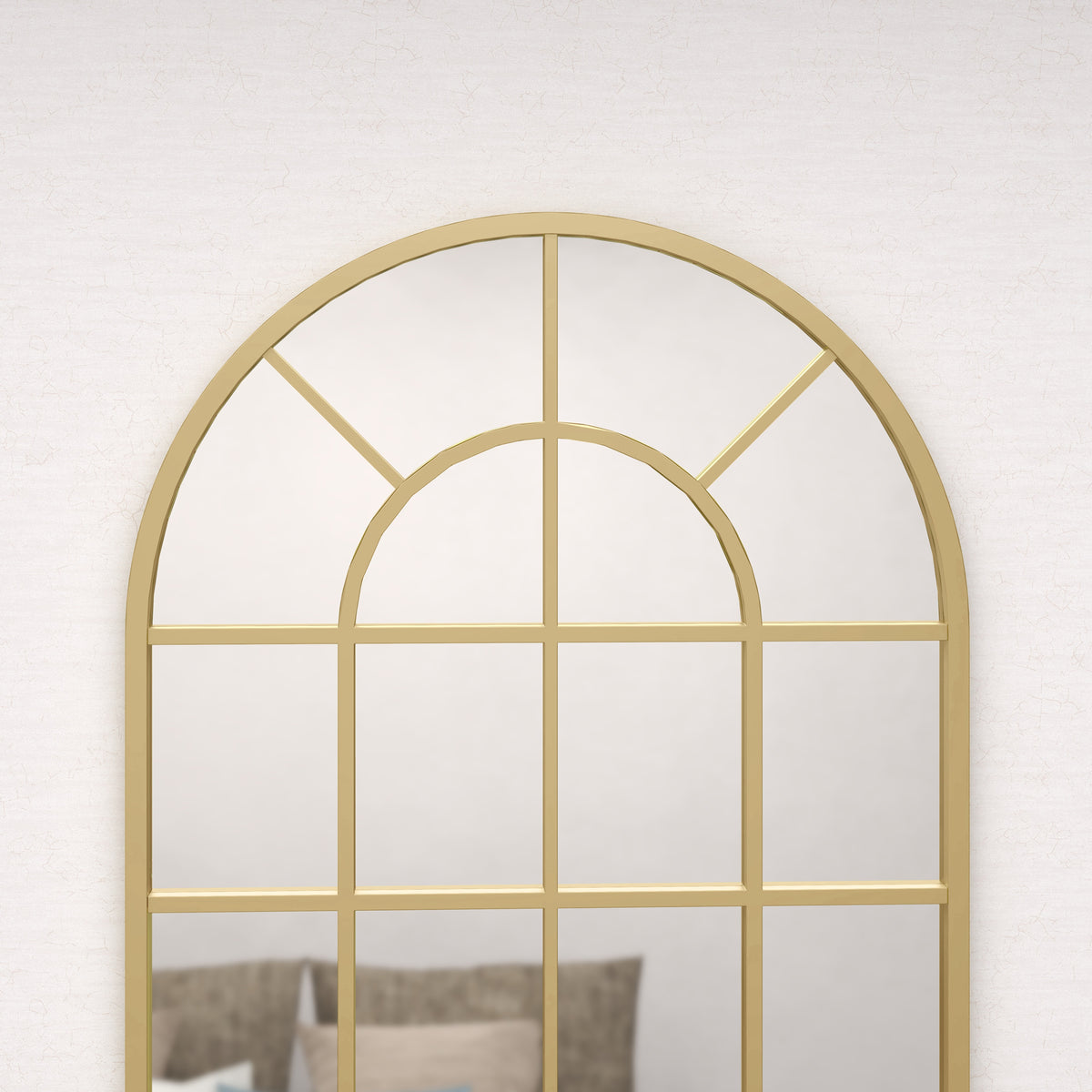 Specchio vetrata ad arco stile industriale finestra a tutto sesto metallo 110 x 65 cm dorato