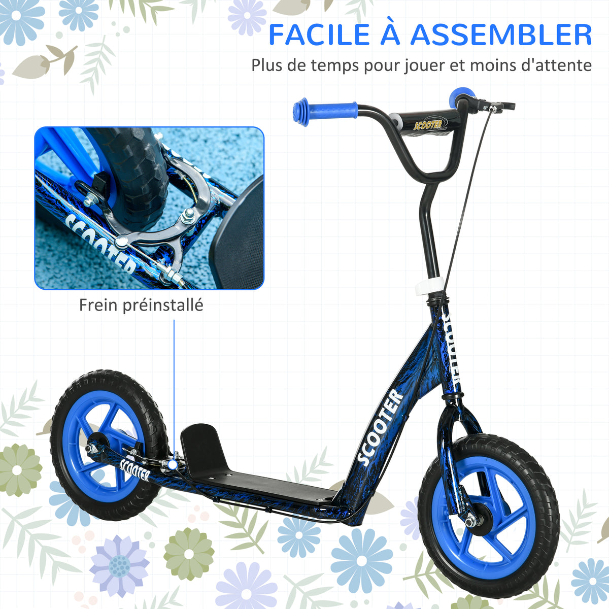 Trottinette patinette scooter enfant grandes roues de 6 à 12 ans hauteur réglable frein arrière béquille bleu