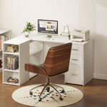 Bureau d'Angle, Bureau Informatique en L, 3 Tiroirs, 5 Compartiments Ouverts, Étagères Réglables, 140x100x75cm, Blanc
