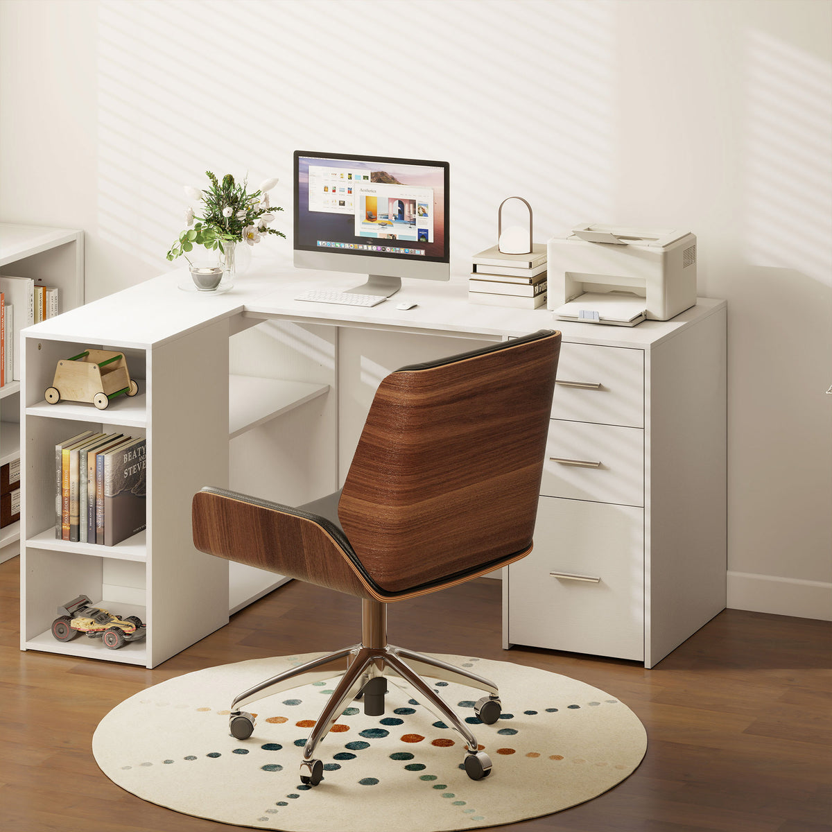 Bureau d'Angle, Bureau Informatique en L, 3 Tiroirs, 5 Compartiments Ouverts, Étagères Réglables, 140x100x75cm, Blanc