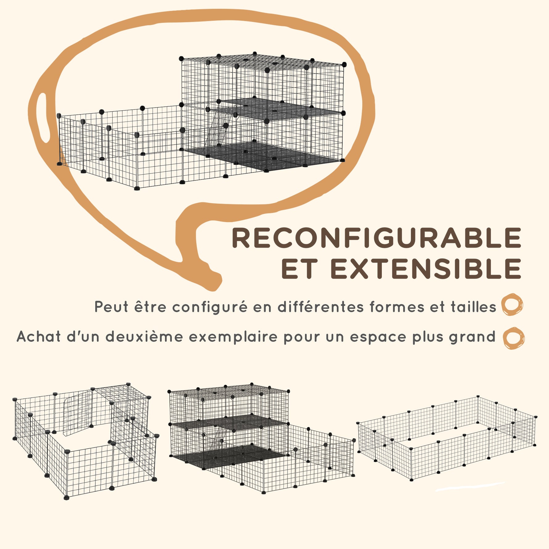 Parc enclos modulable DIY, 2 niveaux, enclos pour petits animaux, hamsters, lapins, cochon d'inde, panneaux grillagés, 45 panneaux, 175 x 105 x 70 cm, noir