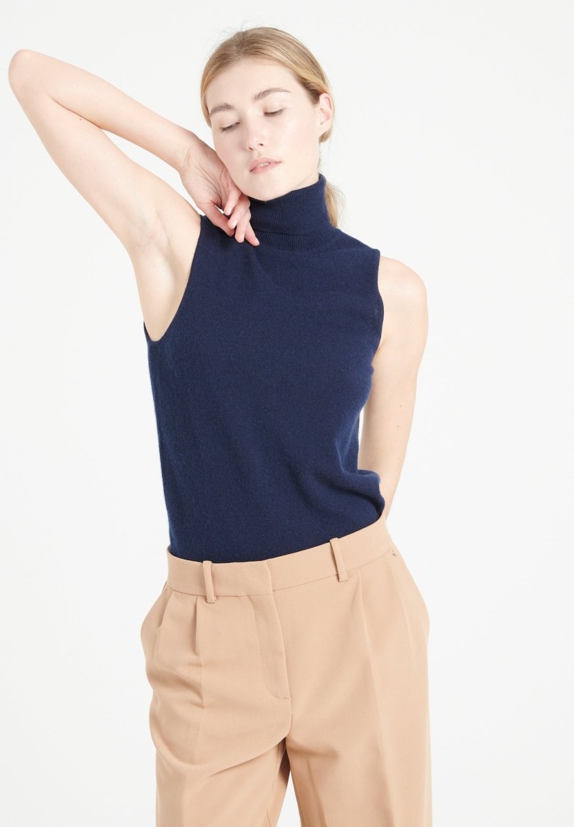 Pull col roulé sans manches femme en cachemire bleu marine - LILLY 13