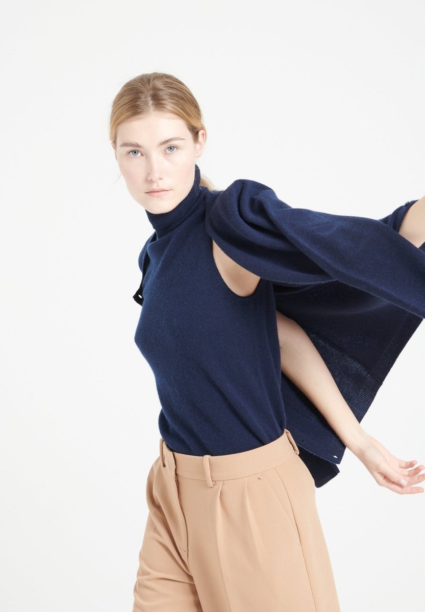 Pull col roulé sans manches femme en cachemire bleu marine - LILLY 13
