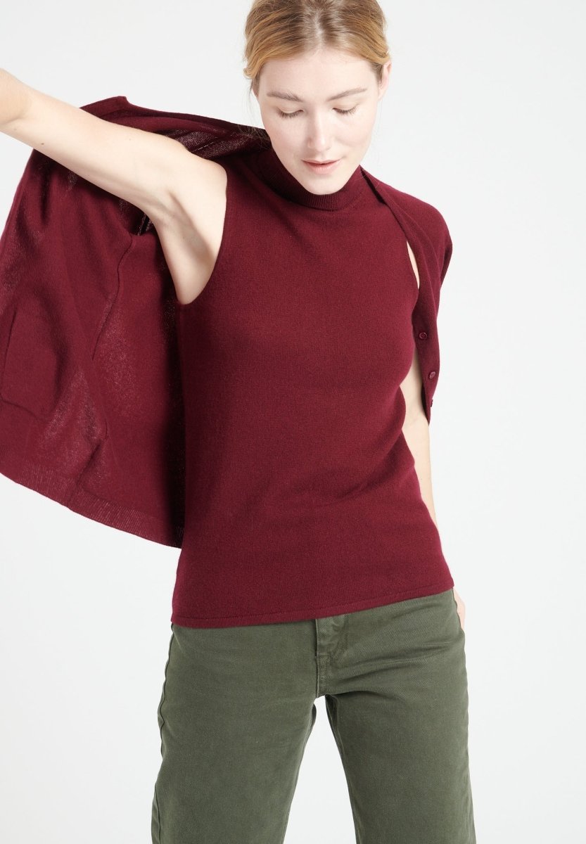 Pull col roulé sans manches femme en cachemire rouge bordeaux - LILLY 13