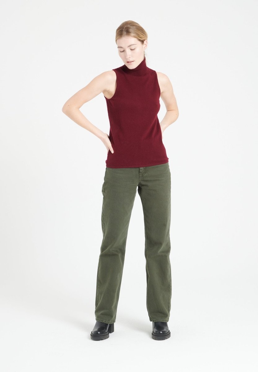 Pull col roulé sans manches femme en cachemire rouge bordeaux - LILLY 13