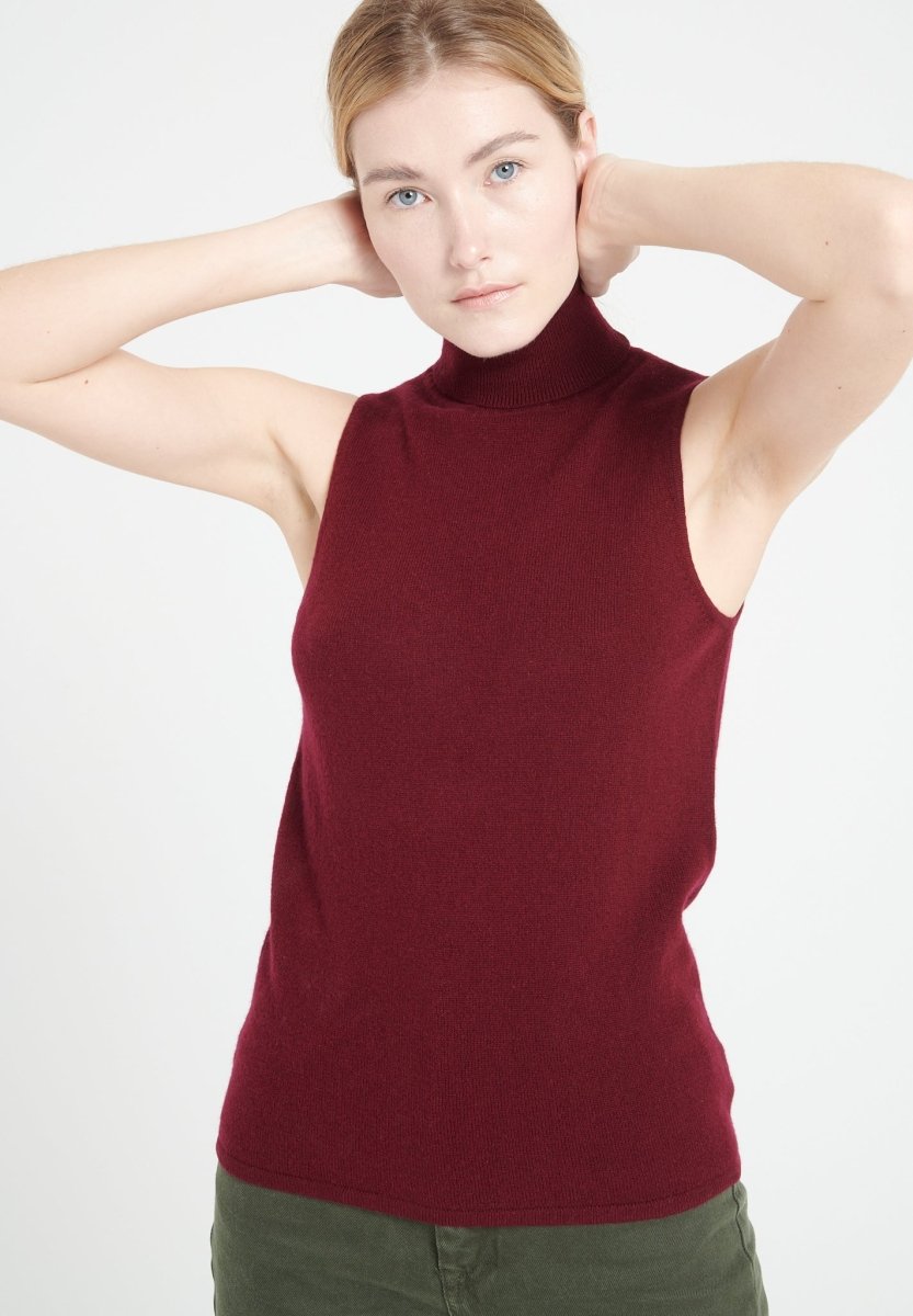 Pull col roulé sans manches femme en cachemire rouge bordeaux - LILLY 13