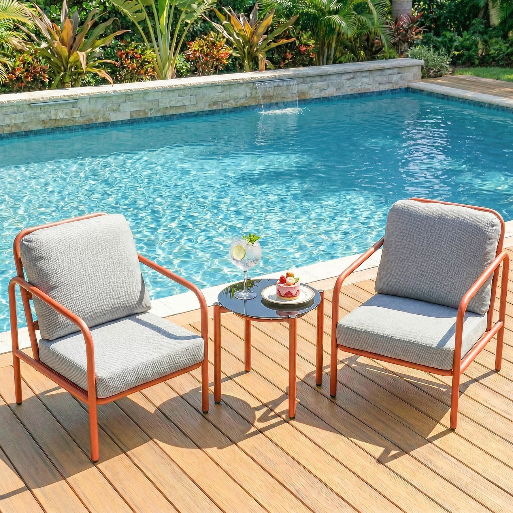 Salon de Jardin 3 Pièces, 2 Fauteuils, 1 Table Basse, Coussins Épais, Plateau en Verre Trempé, 63x77x76cm, Rouge Vineux