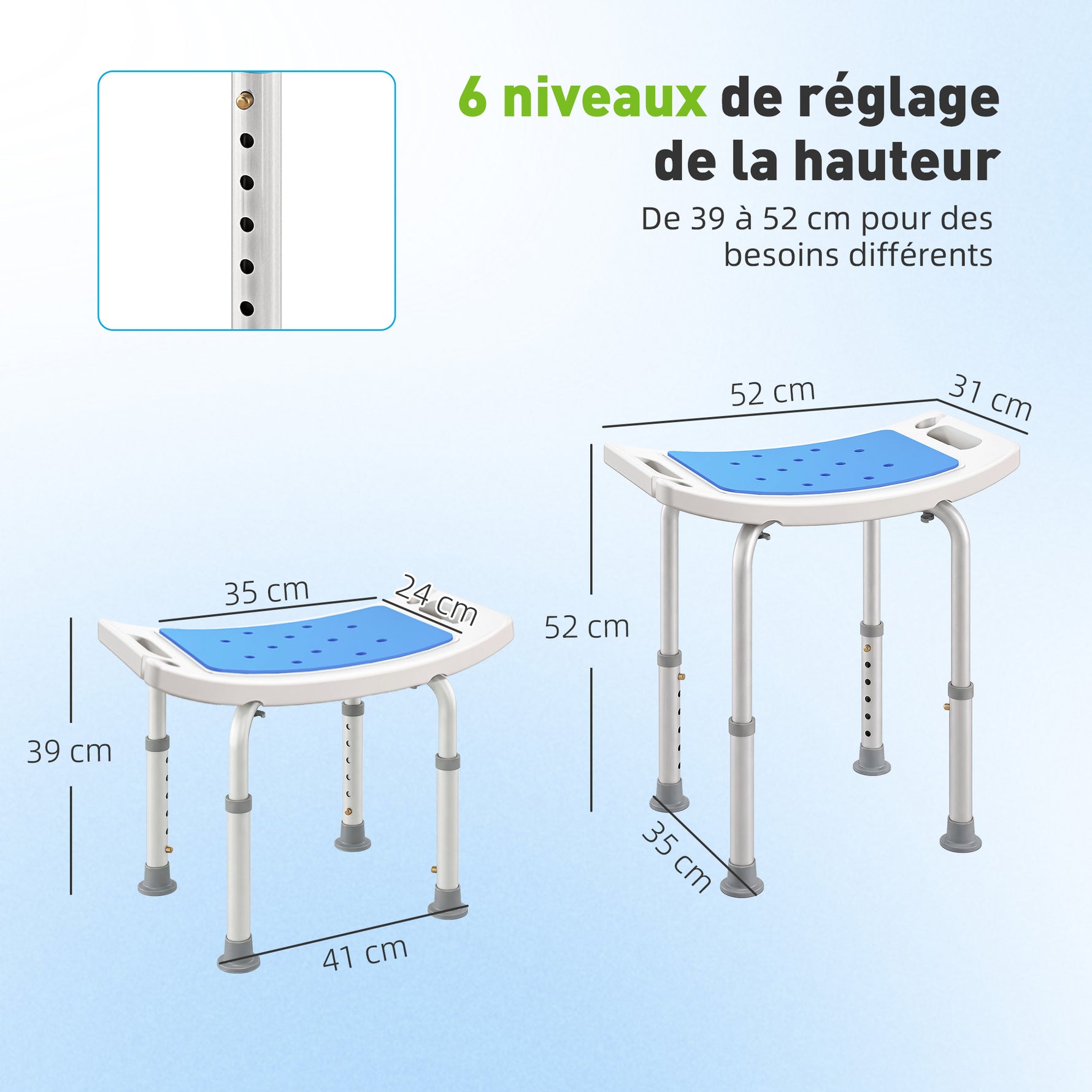 Siège de Douche réglable en Hauteur Tabouret de Douche Ergonomique Pieds antidérapants Charge Max. 135 Kg alu HDPE Blanc Bleu
