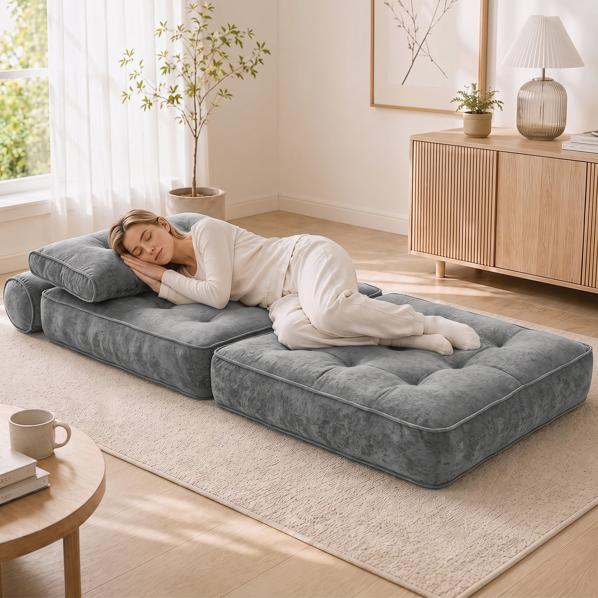 Fauteuil Convertible 1 Place 95 x 220 cm avec 2 Oreillers, Siège Épais, Fauteuil-Lit Chauffeuse 3 en 1, Gris Clair