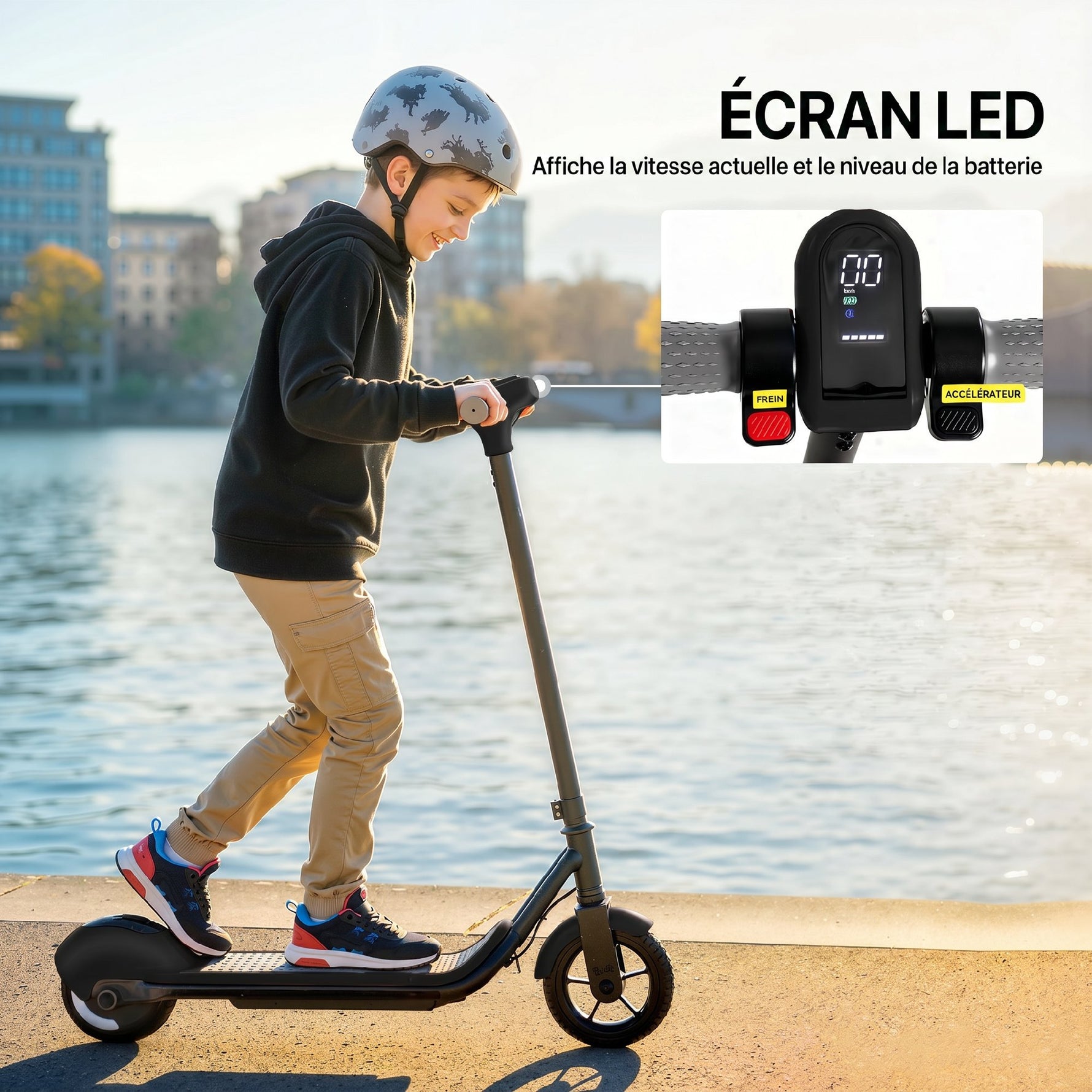 Trottinette électrique enfants 6-14 ans, écran LED, lumières RGB, pneus 6,5'', vitesse 10 km/h, démarrage au kick, noir
