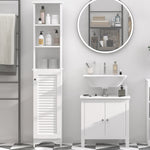 Mueble columna para baño, 3 nichos, armario con puerta de persiana, 3 estantes, MDF, paneles de partículas, blanco