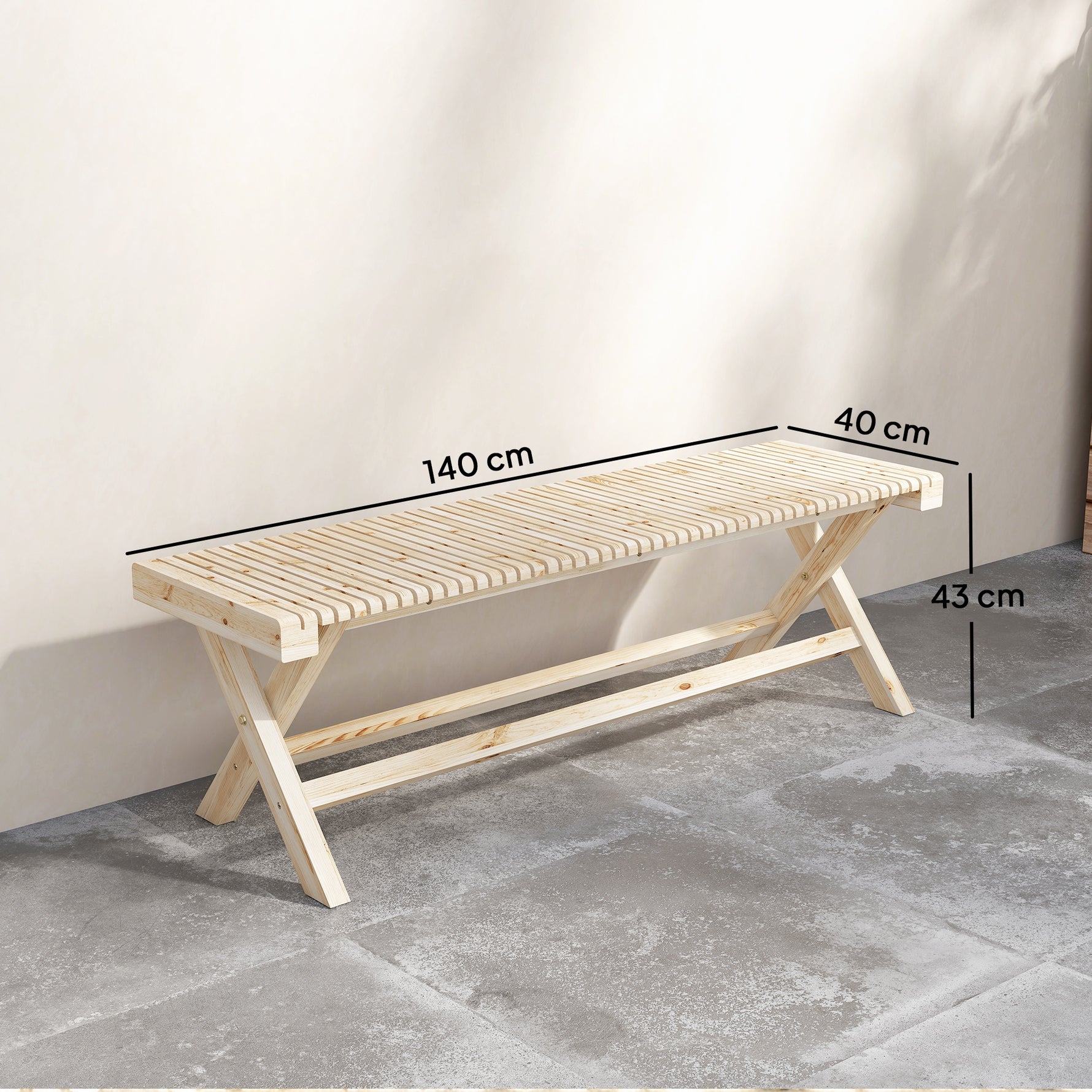 Banc de Jardin en Bois massif, Banquette de Jardin avec Assise à Lattes Effet Bois, 140 x 40 x 43 cm, Bois Naturel