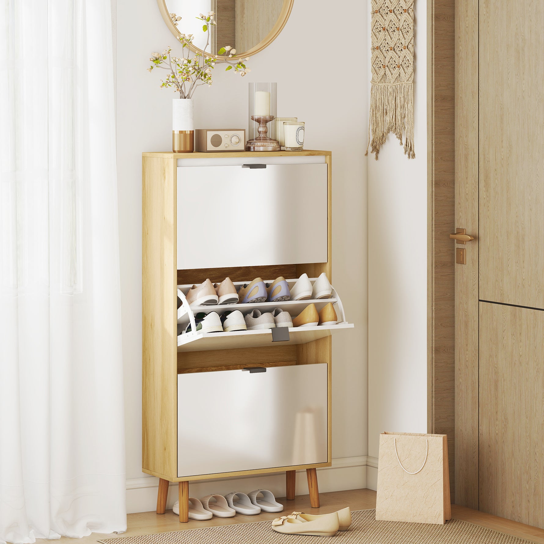Meuble à chaussures, armoire à chaussures étroite, 3 tiroirs rabattables, porte haute brillante, 60x24x127cm, blanc