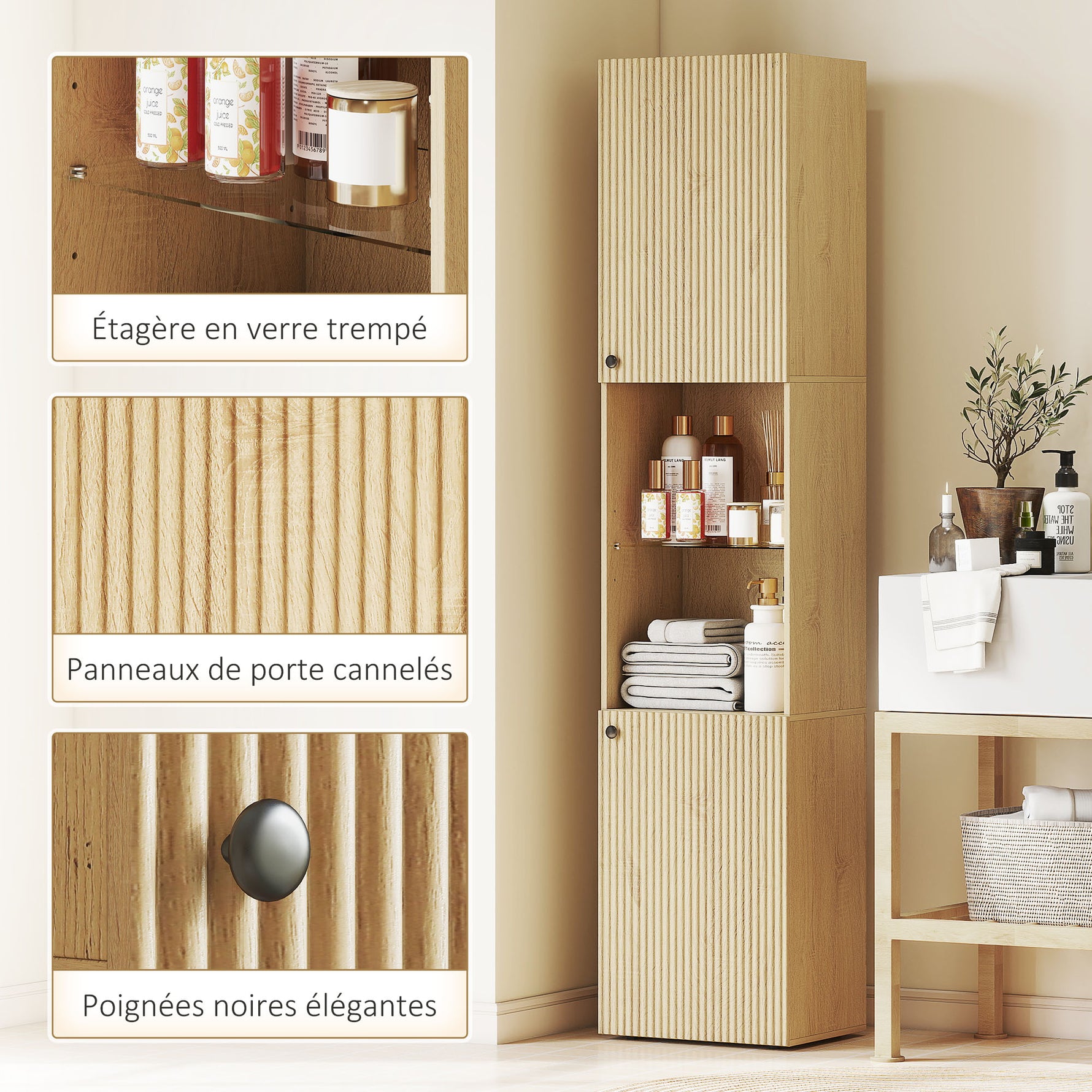 Armoire salle de bain haute, meuble de rangement colonne 6 niveaux 2 portes et étagères réglables, 40x31x182cm, chêne