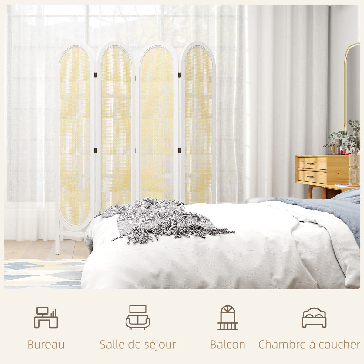 Paravento da interno in legno a 4 pannelli 170 x 160 cm, pieghevole e portatile, motivo intrecciato a mano, bianco