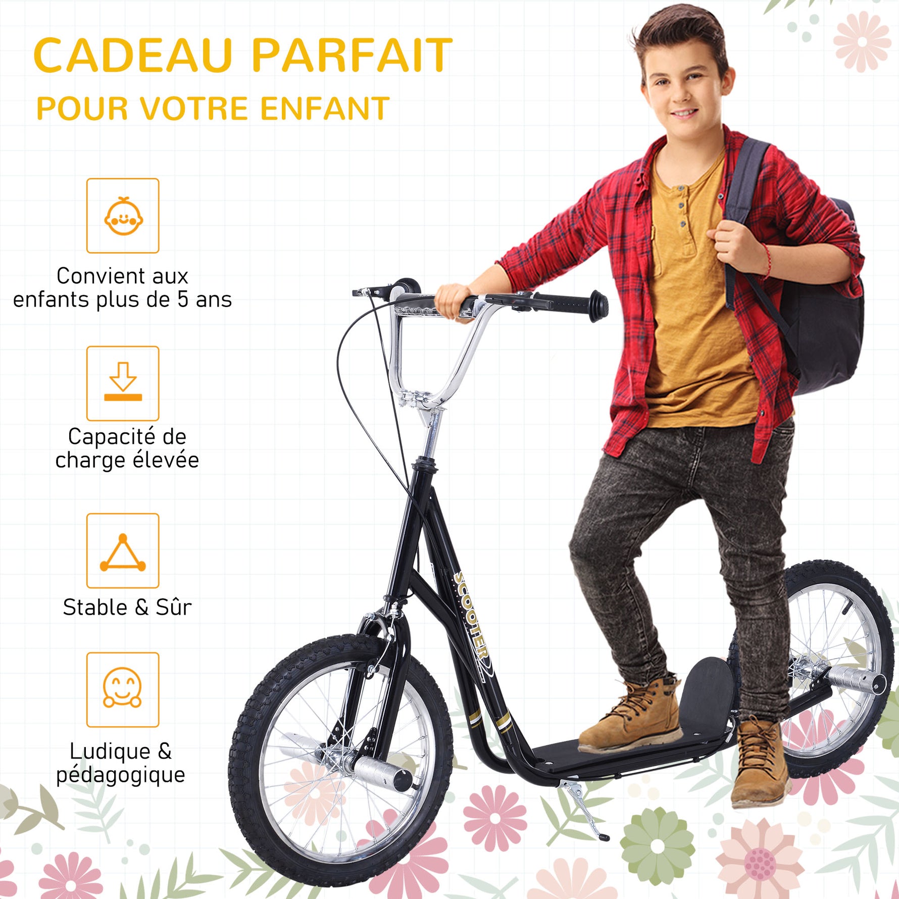 Trottinette patinette Grandes Roues pneumatiques Ø 41 cm Hauteur Guidon réglable béquille pegs Inclus Acier Noir