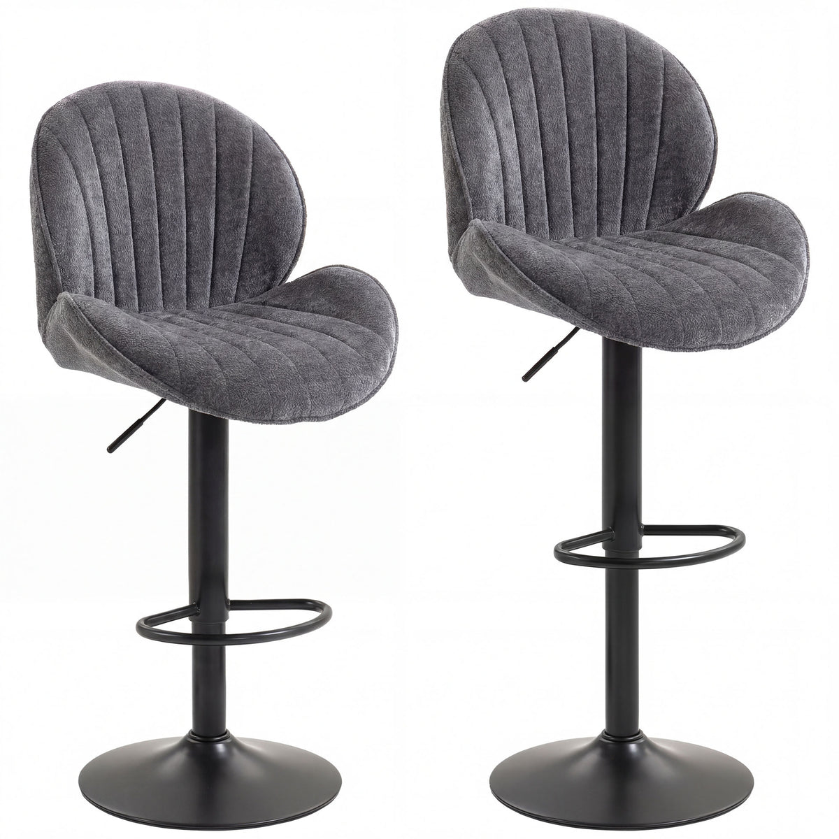 Lot de 2 Tabourets de Bar, Hauteur Réglable, Pivotant 360°, Siège Rembourré, Dossier et Repose-pieds, Gris