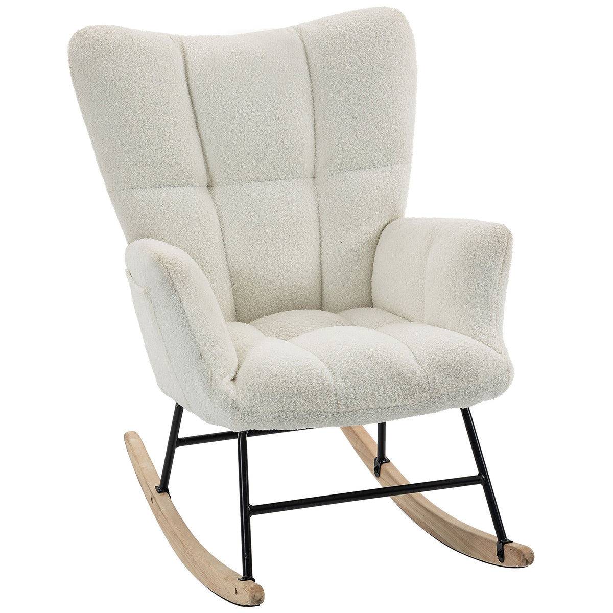 Fauteuil à Bascule, Rocking Chair en Peluche Teddy, Poches Latérales, Dossier à Oreilles Capitonné, Crème