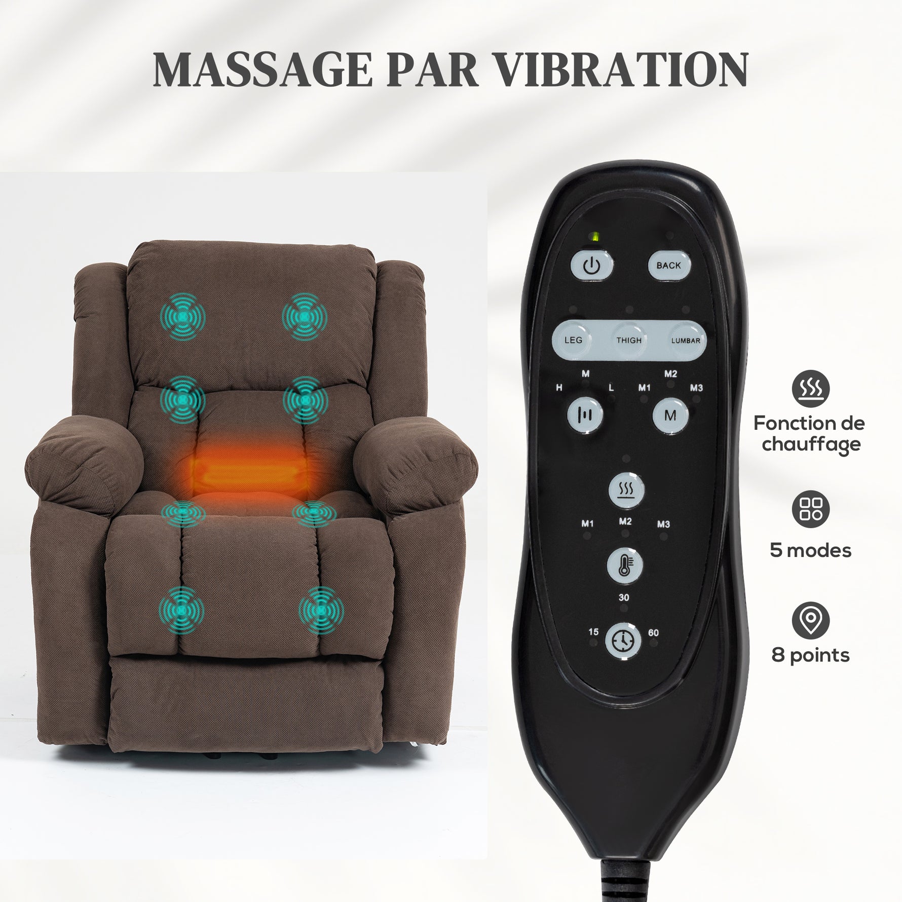 Fauteuil releveur électrique, fauteuil relax électrique avec fonction massage et chauffage, 93 x 104 x 100 cm, marron