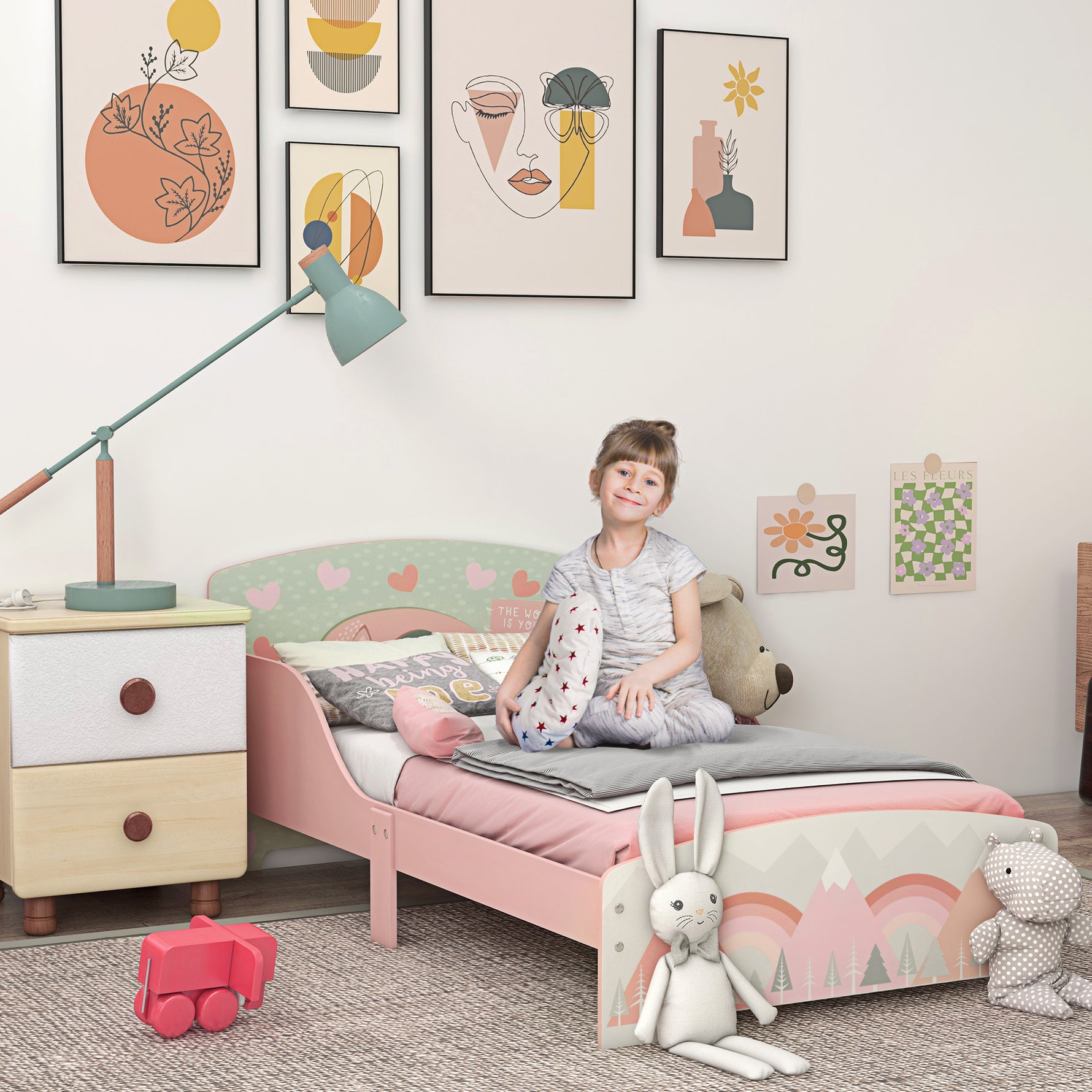 Lit pour enfant 3-6 ans avec barrières de sécurité et motifs dim. 77 x 143 x 60 cm sommier à lattes inclus - rose