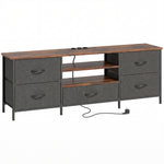 Meuble TV 140 cm, meuble télé 65 pouces, station de charge, 5 tiroirs en tissu, étagères ouvertes, 140x30x50cm, marron