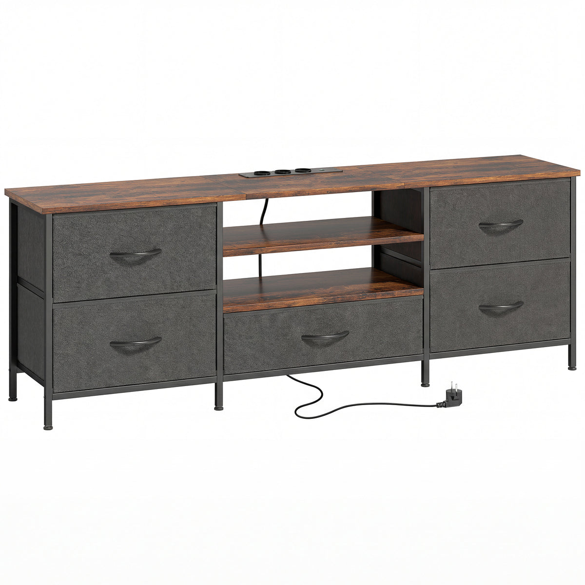 Meuble TV 140 cm, meuble télé 65 pouces, station de charge, 5 tiroirs en tissu, étagères ouvertes, 140x30x50cm, marron