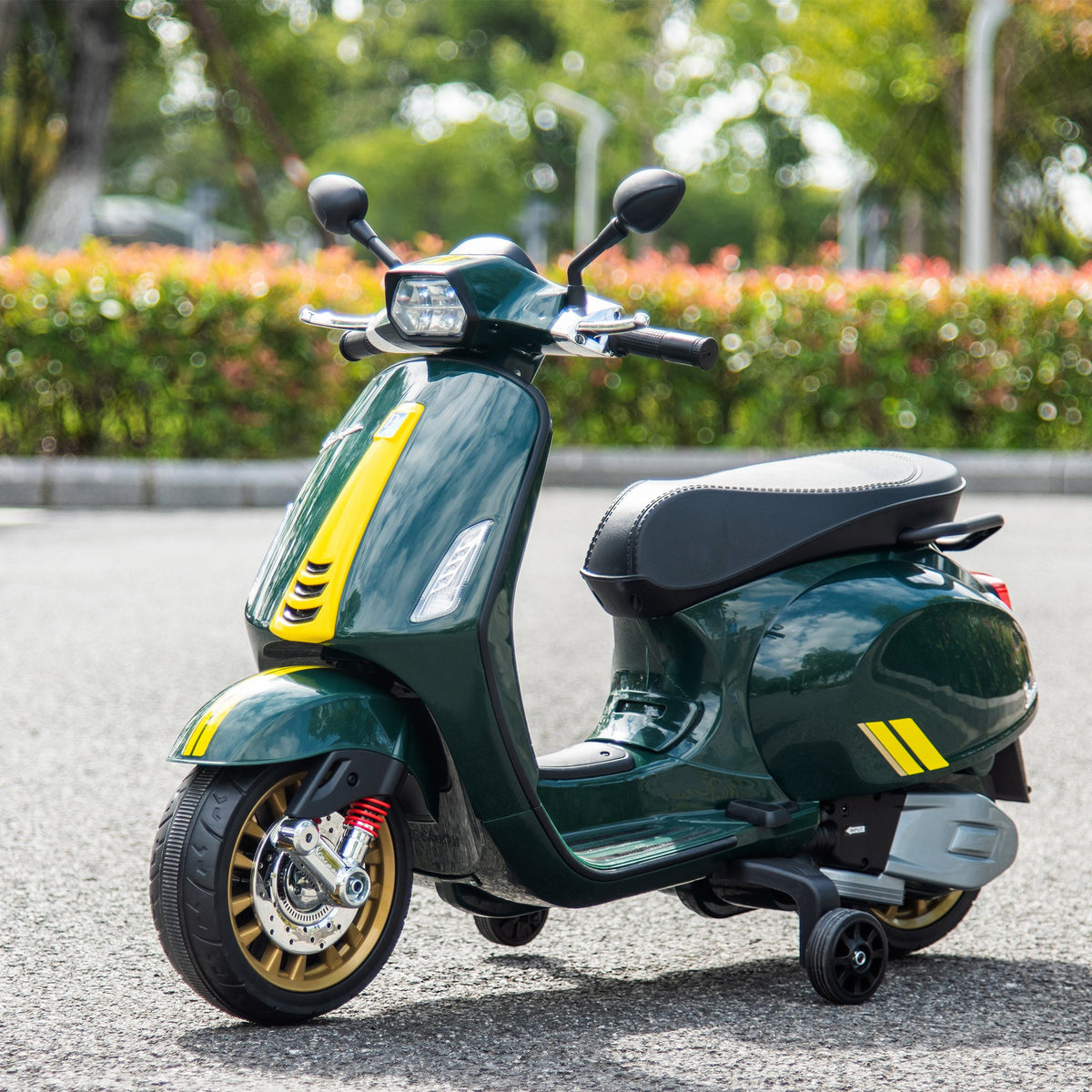 Elektrischer Kinder-Vespa-Roller 6 V, Maße 107L x 47B x 73H cm, MP3-Musik, USB-Anschluss, Scheinwerfer, 2 Stützräder - Grün