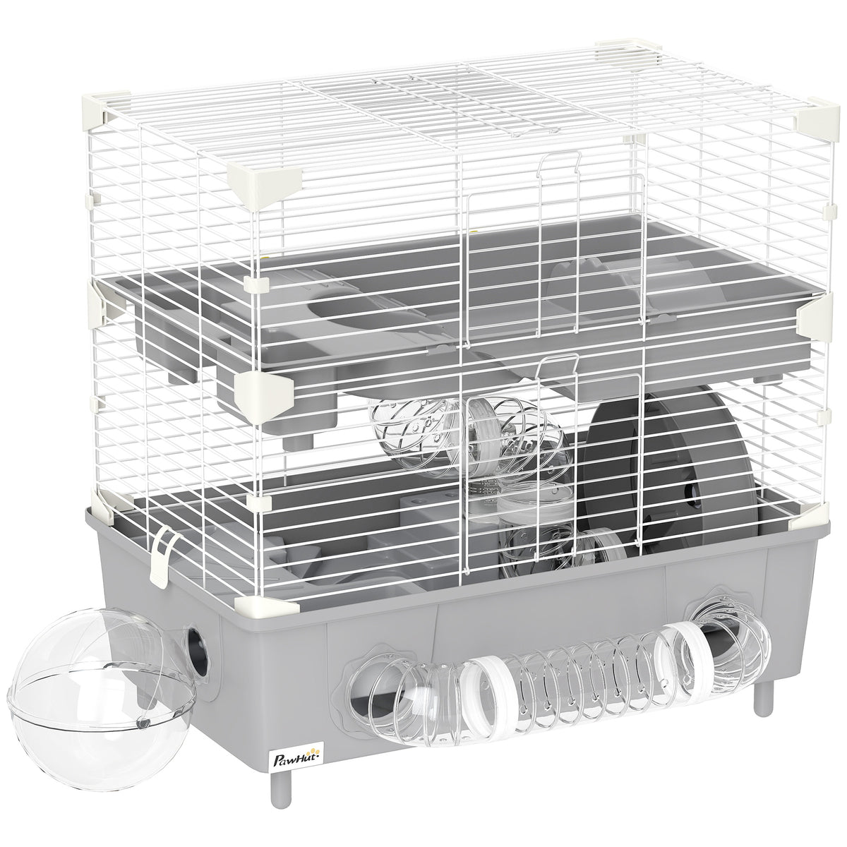 Gabbia per criceti a 2 livelli con ruota, bagno di sabbia per criceti nani 44,5 x 28 x 44 cm grigia