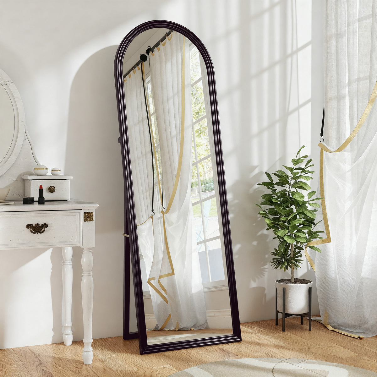 Miroir de sol arqué pleine longueur miroir sur pied cadre en effet imitation pierre pour salon chambre 53x163cm marron