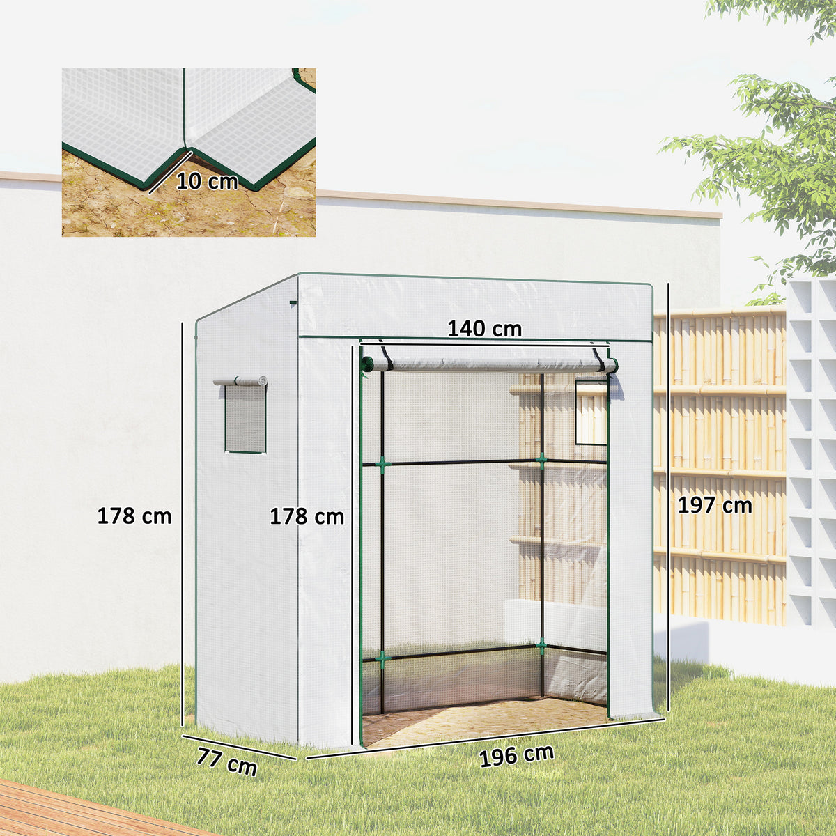 Serre de jardin murale adossée avec 1 porte enroulable, bâche PE renforcée, 2 fenêtres, dim. 196L x 77l x 197/178H cm