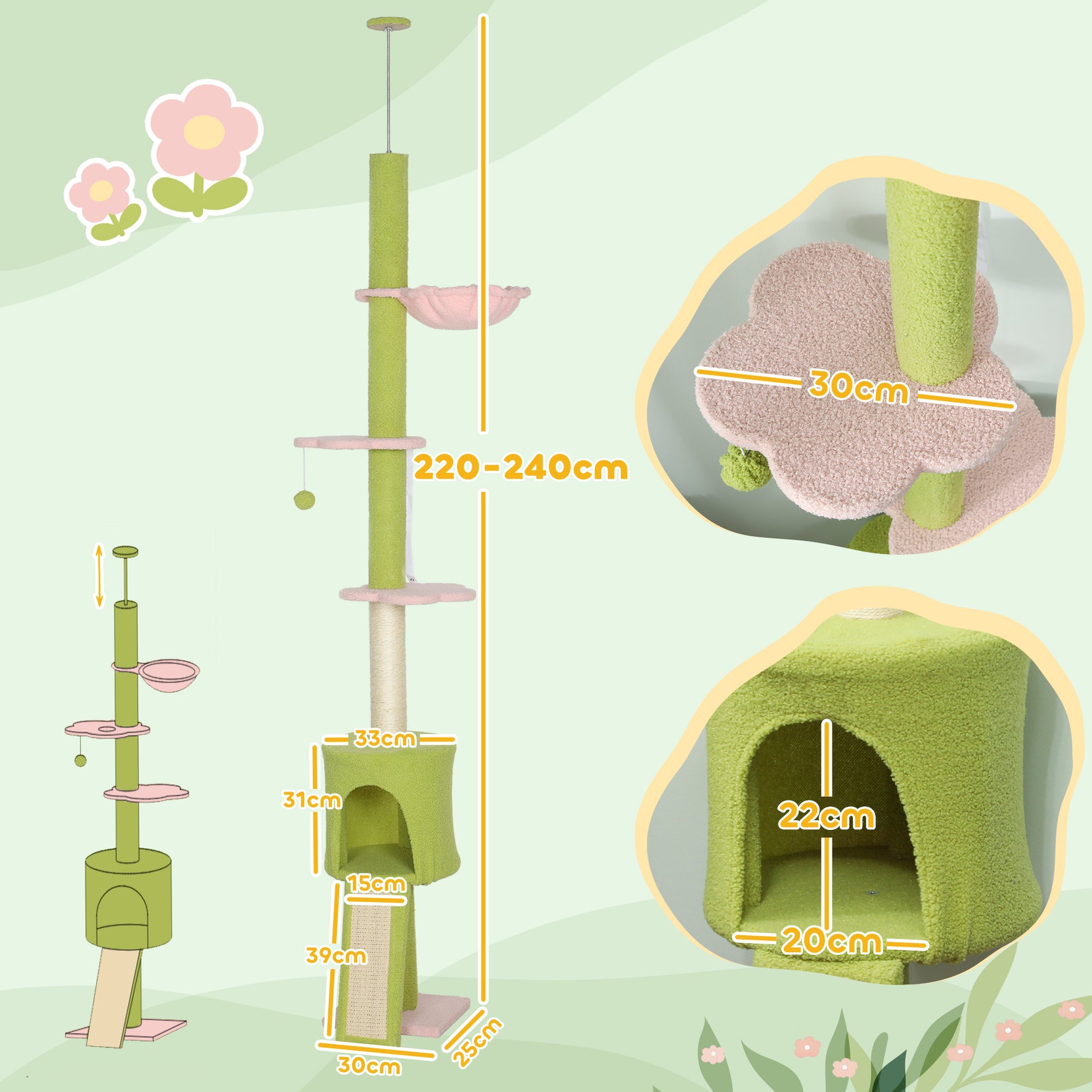 Arbre à chat du sol au plafond 5 niveaux hauteur réglable 220-240 cm plateformes fleur avec griffoir niche hamac vert