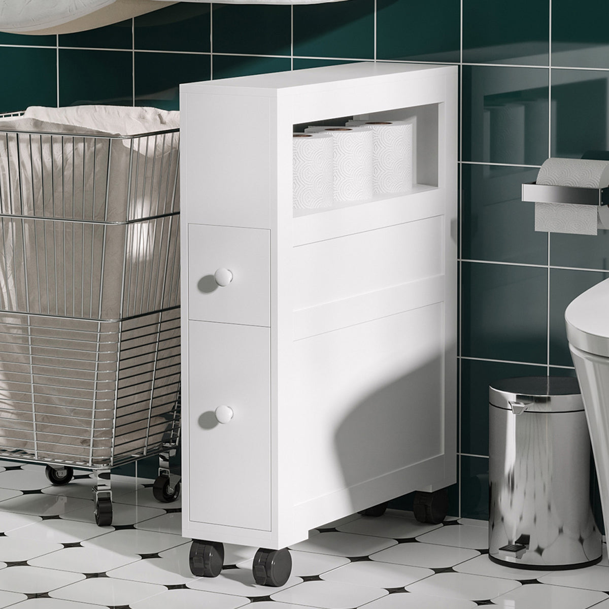 Badezimmer-Rollwagen, WC-Schrank, offenes Regal mit 2 Schubladen, 16 x 52 x 71,5 cm, weiß