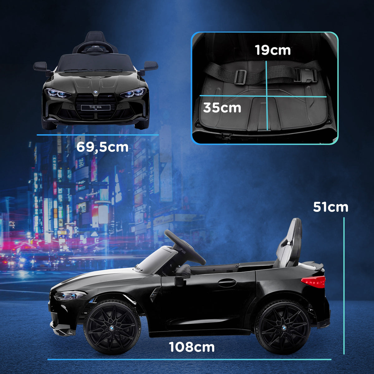 BMW M4 Elektroauto für Kinder 12V mit 2,4G Fernbedienung, Doppelmotor, Hupe, LED-Lichtern, Schwarz