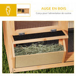 Clapier sur pied cage à lapin avec toit bitumé ouvrant 2 portes verrouillables 2 tiroirs à déjection coulissants mangeoire bois de sapin traité dim. 112L x 50l x 54H cm bois naturel et noir